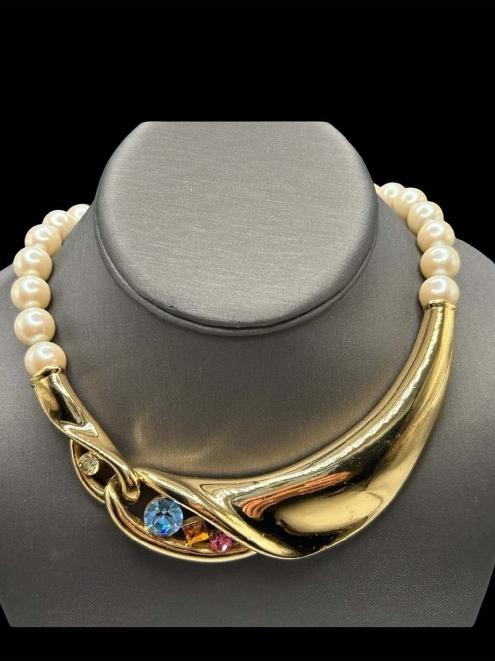 Vintage Givenchy Modernist Rhinestone Faux Pearl Necklace